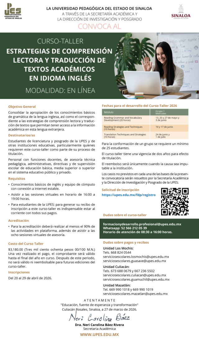 Convocatoria curso taller ESTRATEGIAS DE COMPRENSIÓN LECTORA Y TRADUCCIÓN DE TEXTOS ACADÉMICOS EN IDIOMA INGLÉS
