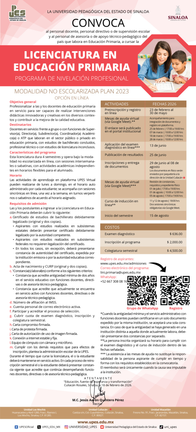Convocatoria LICENCIATURA EN EDUCACIÓN PRIMARIA 2026