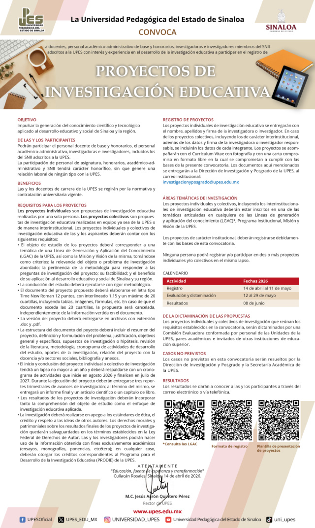 Convocatoria Registro de proyectos individuales y colectivos de investigación educativa 2026