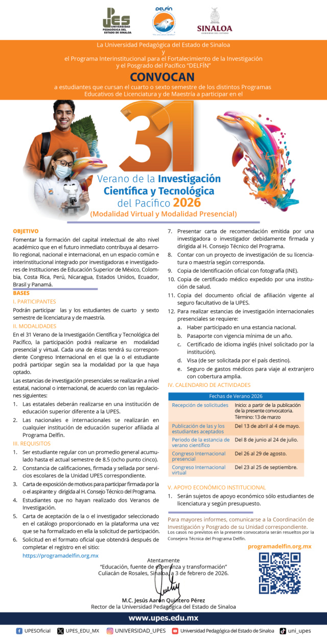 Convocatoria Verano de la Investigación Científica y Tecnologica del Pácifico DELFIN 2026