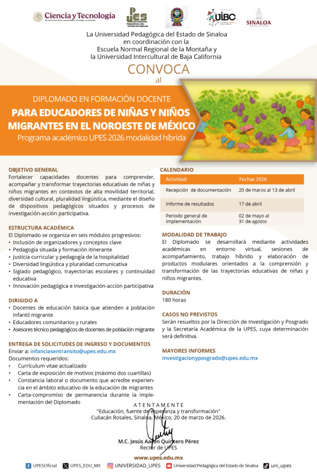 Convocatoria DIPLOMADO EN FORMACIÓN DOCENTE PARA EDUCADORES DE NIÑAS Y NIÑOS MIGRANTES EN EL NOROESTE DE MÉXICO 2026
