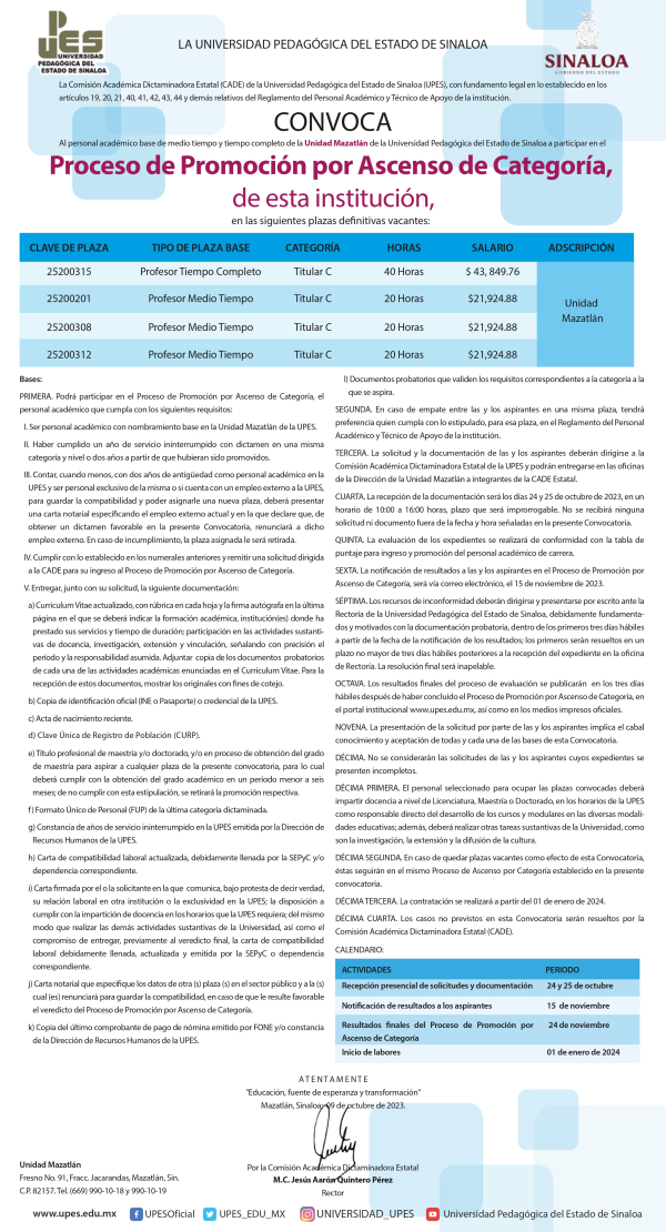 Convocatoria Proceso de Promoci&oacute;n por Ascenso de Categor&iacute;a (Unidad Mazatl&aacute;n)