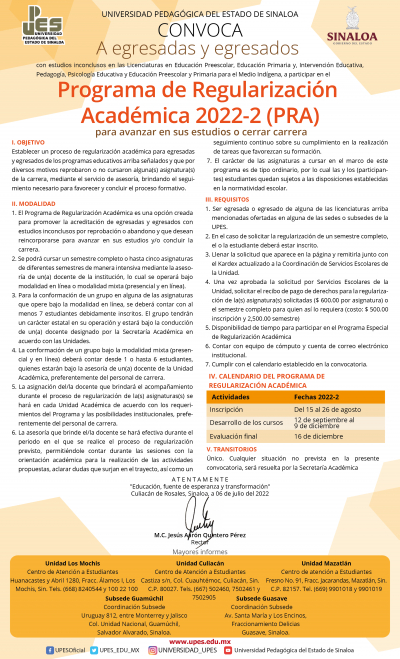 Programa de Regularizaci&oacute;n Acad&eacute;mica 2022-2 (PRA)
