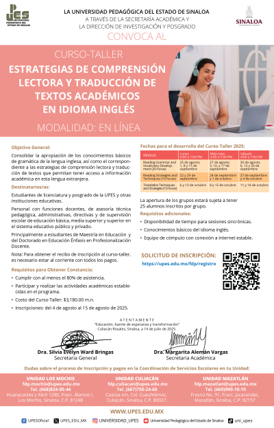Convocatoria curso taller ESTRATEGIAS DE COMPRENSIÓN LECTORA Y TRADUCCIÓN DE TEXTOS ACADÉMICOS EN IDIOMA INGLÉS