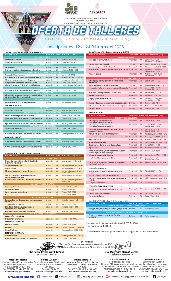 OFERTA DE TALLERES Segundo Semestre 2024-2025