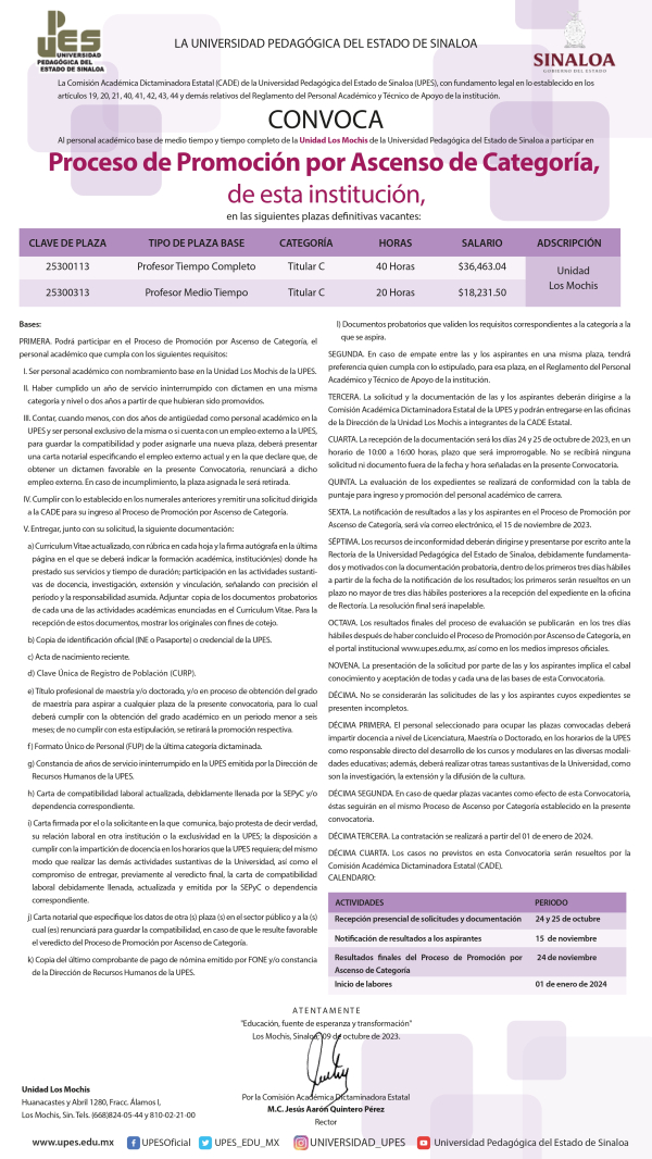 Convocatoria Proceso de Promoci&oacute;n por Ascenso de Categor&iacute;a (Unidad Los Mochis)