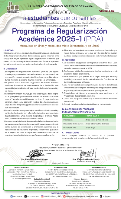 Convocatoria Programa de Regularización Académica 2025-1 (PRA)